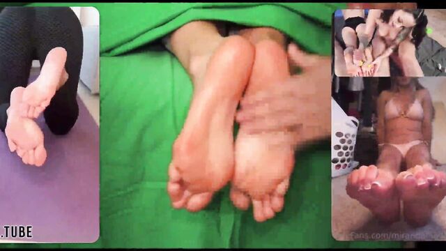 A sexy brunette makes a footjob and gets cum on her soles