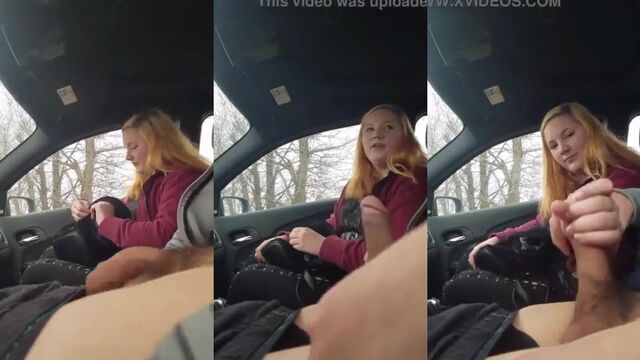 Hot blondie gives a blowjob in the car
