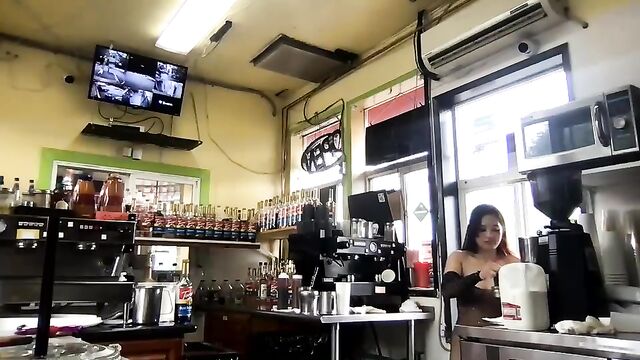 Hot petite Asian barista shows off her body while working and gets naked