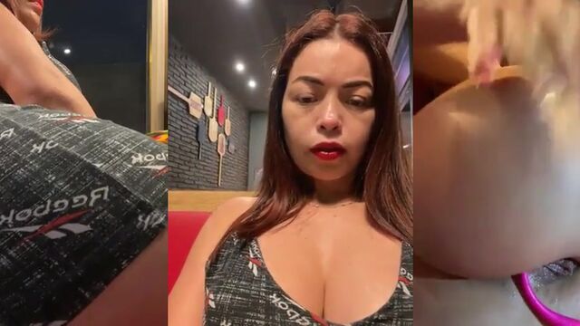 Hot MILF with big boobs flashes and rides dildo on the public trail