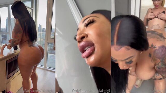 Hot ebony lesbian action with big tits and strap-on