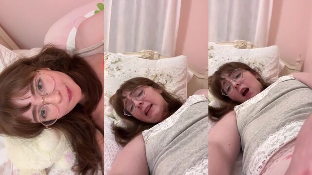Pale brunette in glasses masturbates with a dildo, dirty talk