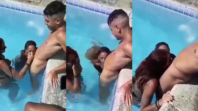 Coroa mamando na piscina com o novinho