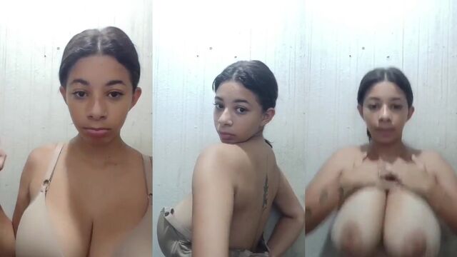 Big natural tits solo action in public place