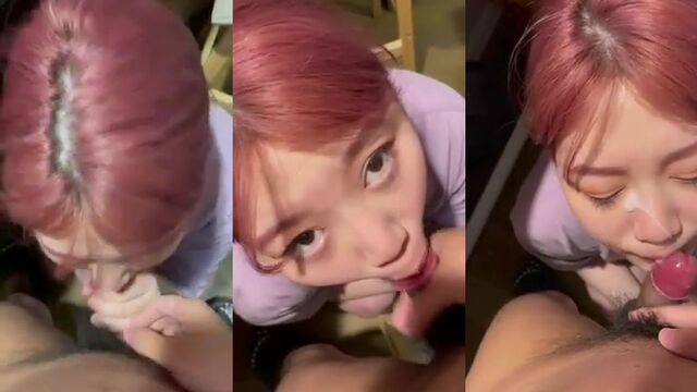 A Chinese girl gets her face covered with cum after a deepthroat blowjob session