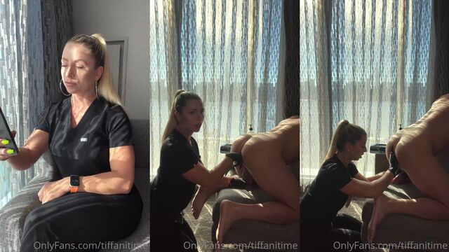 The dominatrix uses a big rubber strap to fuck her slave in pegging