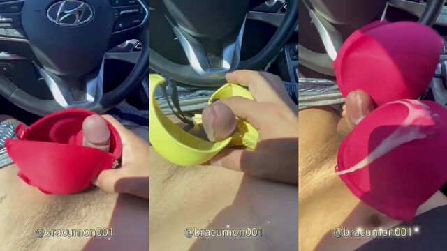 A cum shot on the bra while jerking off in the car