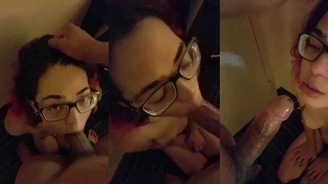 Nerdy teen with glasses gets choked on cock and gives a blowjob