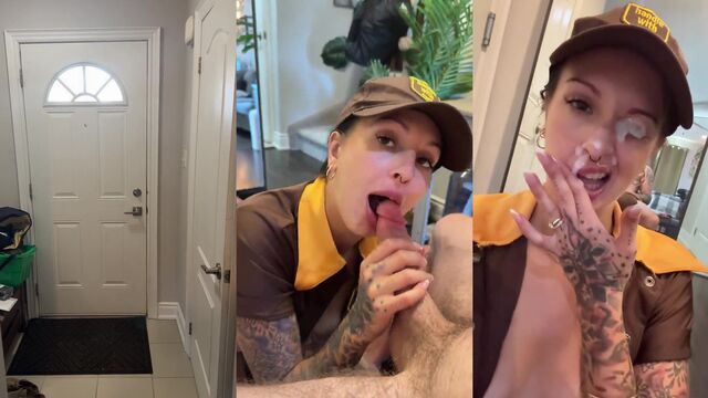 A young brunette girl practices her blowjob skills with a tattooed guy