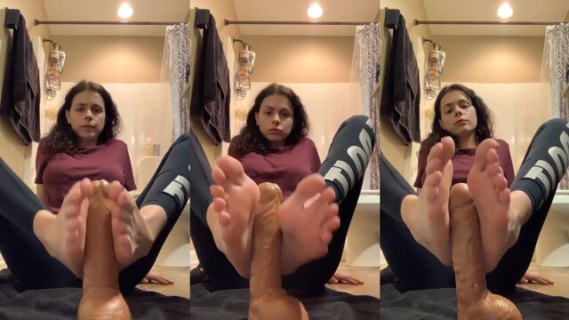 Foot fetish and hand job with a big dildo
