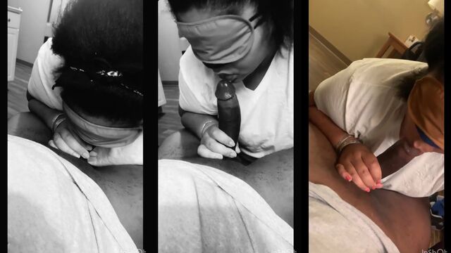 Hot ebony BBW gives a blindfolded blowjob in this steamy video