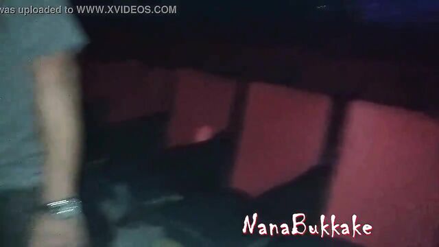A hot wife swallows cum from strangers in a daring cinema theater scene