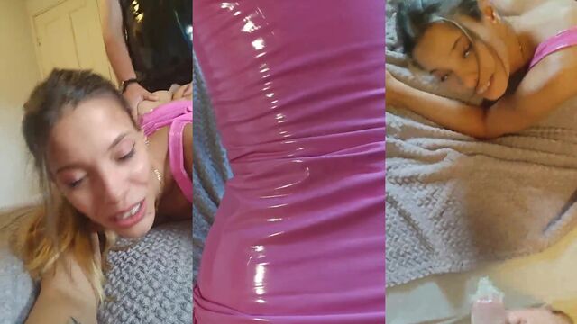A sexy bimbo is having fun with a client in a PVC suit