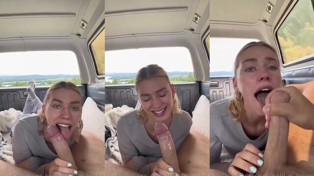 Blonde girl has sex with a guy in the car