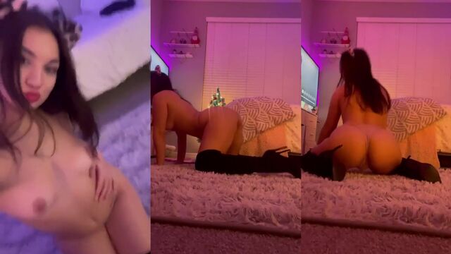 A cute cat causes a nympho brunette to show her tits and ass
