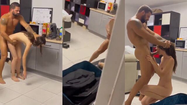 A young and fiery woman has a steamy encounter in the kitchen with someone