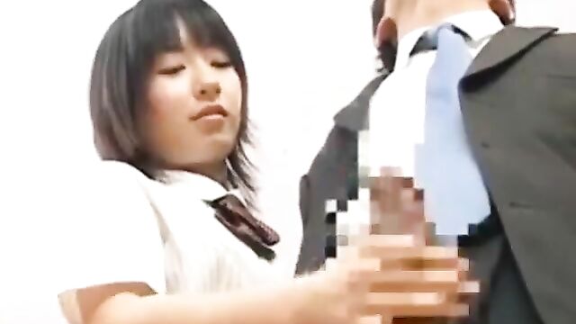 Asian secretary gives a deepthroat blowjob on the emperor chair