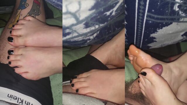 A mom with black nails gives a footjob to her son