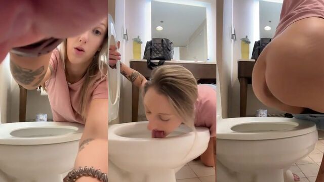 A nasty woman licks the toilet in the hotel, showcasing extreme humiliation