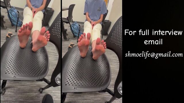 Track athlete’s feet interview, size 10 sneakers and soles action