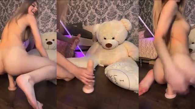 Beautiful blond slim teen riding a pink dildo with orgasm