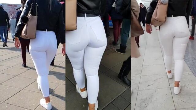 Juicy pawg with big ass twerks in white jeans and heels