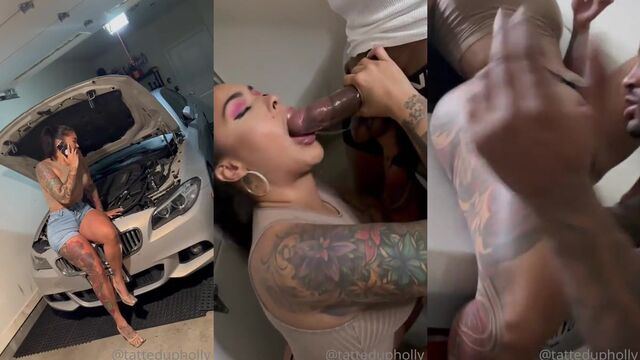 Tattooed beauty with big tits plays with her ass and shows her holes