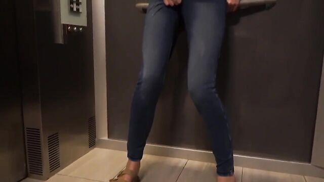 Two hot girls stuck in the elevator having public sex