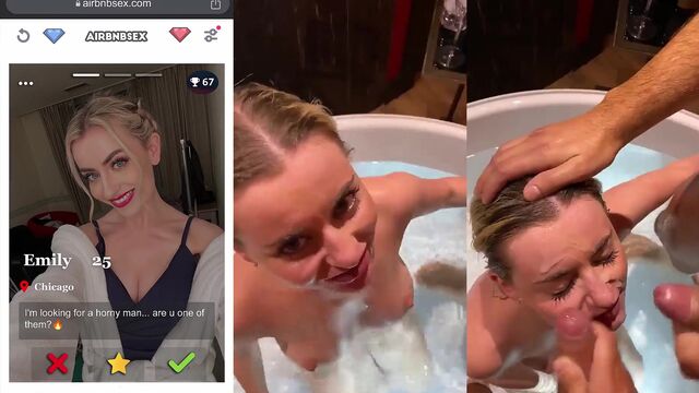 The slut from Tinder gets two cocks and a facial cumshot