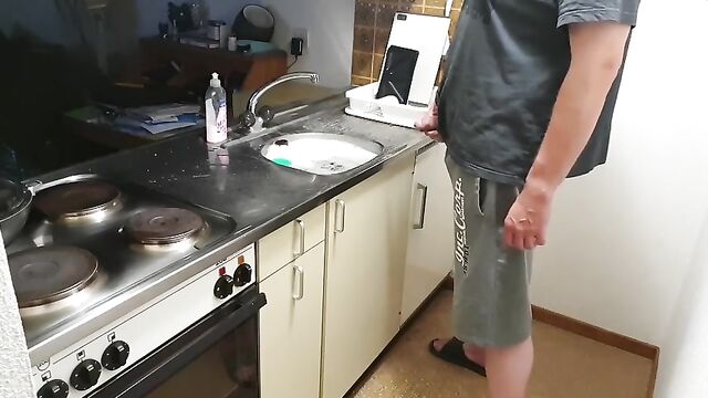 Messy pissing with a powerful stream, showcasing intense urination skills