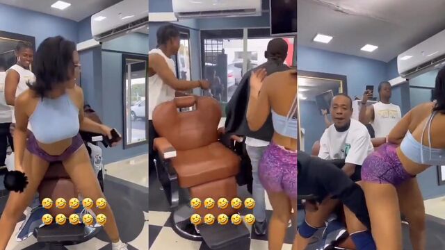 A hot girl is having fun with a female barber in the shop