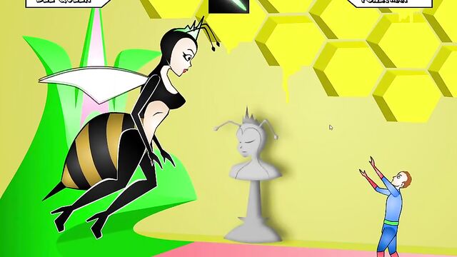 The Queen Bee is fighting against a powerful man with muscles