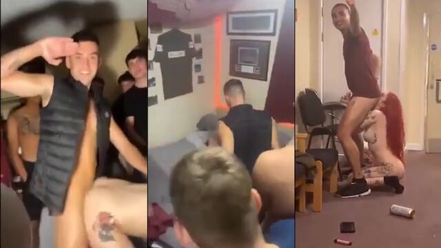 A girl is fucking with a whole army in the barracks