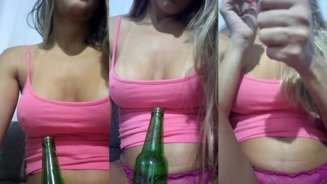 The blonde slut forced to drink a whole beer in her pussy