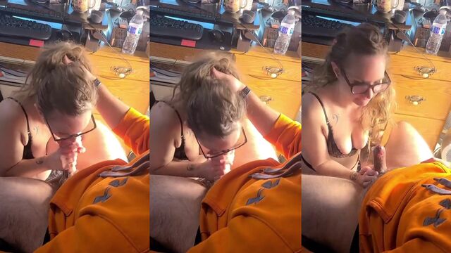 Nerdy woman with big tits fucks her boyfriend with glasses