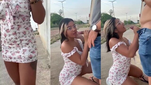 A beautiful young woman pays for a blowjob on the street