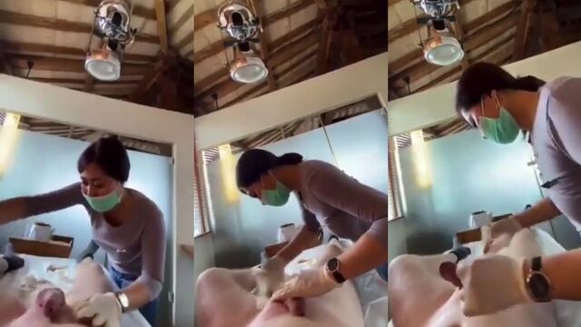 Asian esthetician waxes the dick of a guy and makes him cum