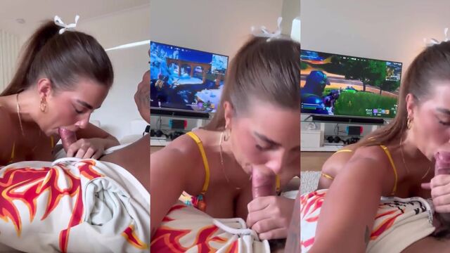 A sexy brunette PAWG with big tits plays Fortnite while getting fucked
