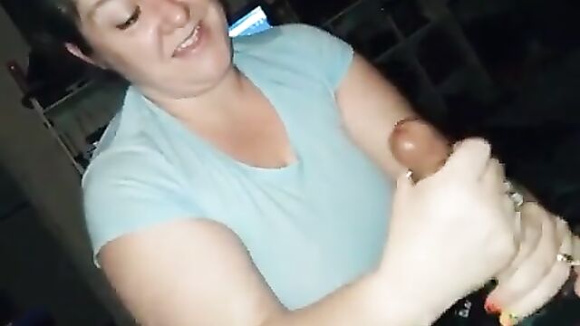 Smiley BBW wife gets her face covered with cum after sucking BBC