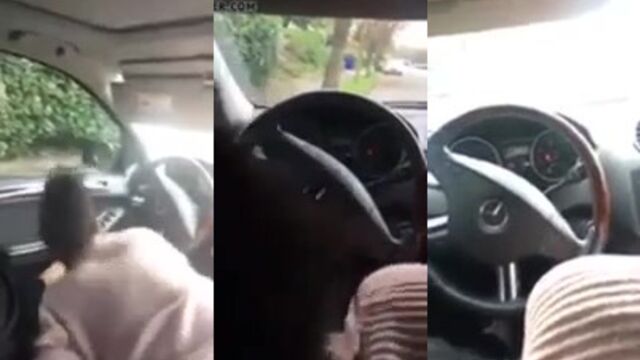 A redhead girl is going crazy with her head skills in the car