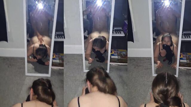 A fat white ass girl is looking at herself in the mirror