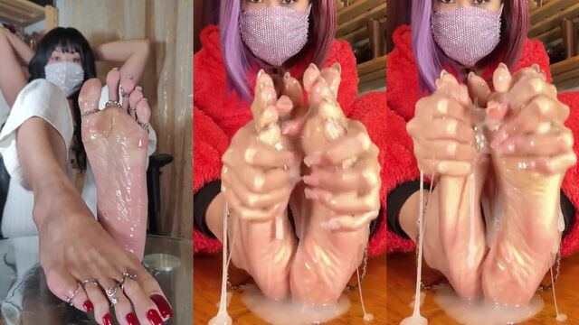 Lubed Asian seductress kicks off the dirtiest foot fetish party ever!