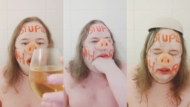 Skinny bitch drinks pee and gets face slaps