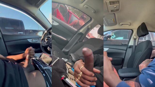 A man with a big dick masturbates in the parking lot of a beauty shop