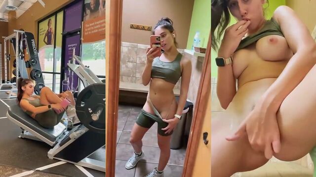Girl is working out in gym and playing with her holes