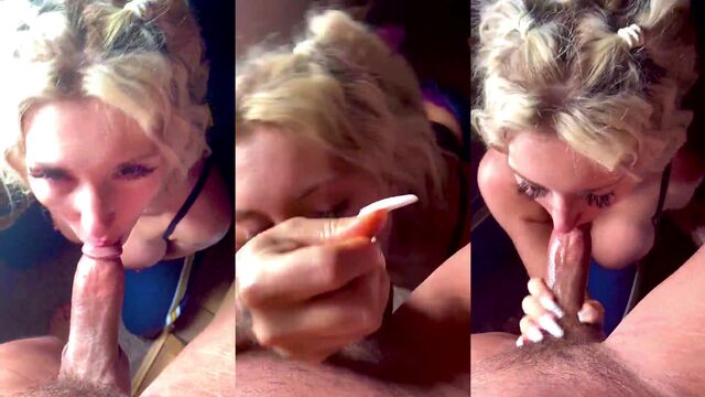 Submissive blonde slut gets on her knees to give a blowjob