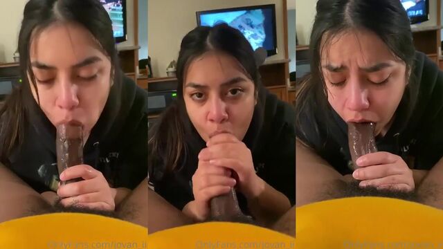 Latina beauty skillfully performs the act of giving a blowjob