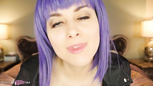 A girl with purple hair cosplays and performs oral sex acts
