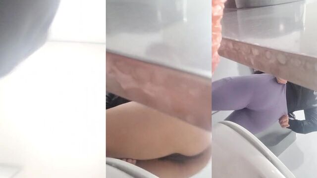 A girl is spied on in the bathroom and has sex there