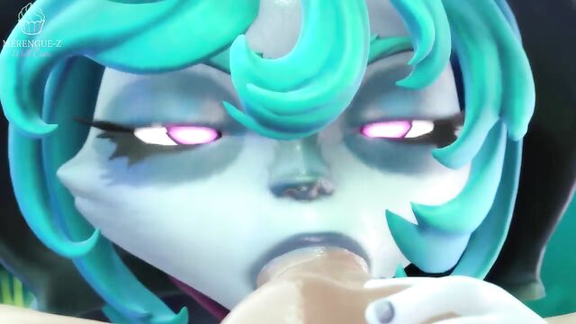 Little blue-haired bitch gets her face covered with cum